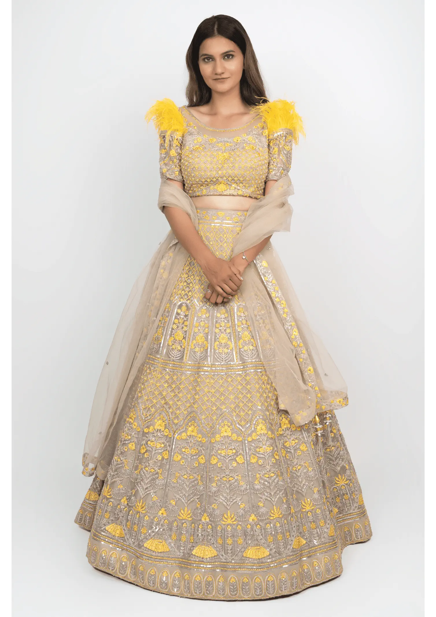 Beige and Yellow Haldi Ceremony Outfit