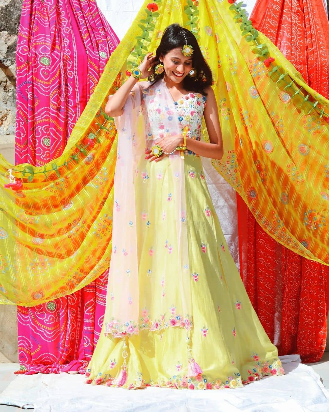 Mehandi Color crop top with Banarasi Skirt and Dupatta