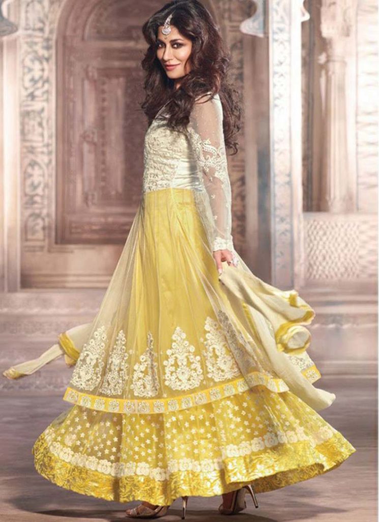 Chitrangada Singh - Net and Lace Yellow Layered Anarkali with Polka dots