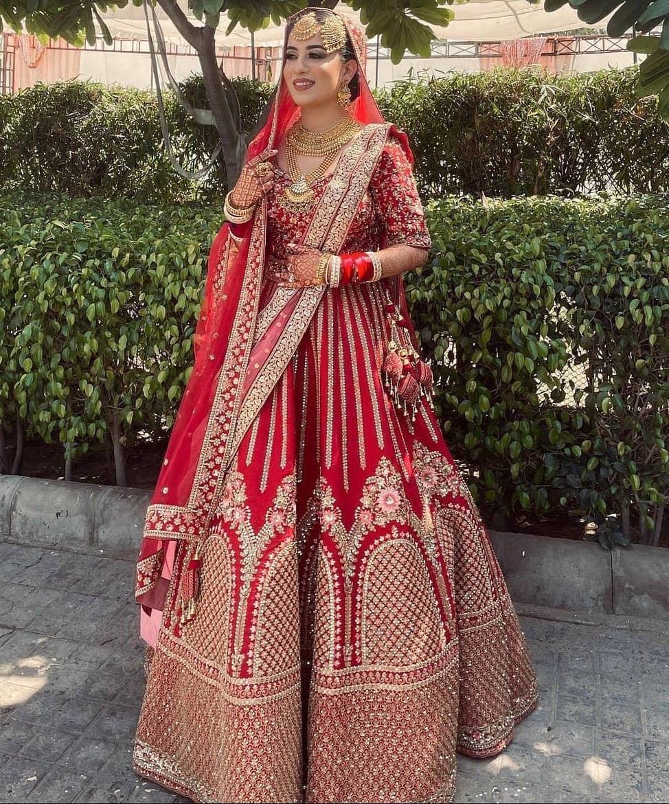 Navaratri Goddess Kalash Women's Silk Saree , Mata Rani Poshak, Maa Laxmi,  Durga, Saraswati, Radha Chunri Patka and Lehenga/Ghagra Dress (Red , Height  is 15 inch and width is 14 inch) :