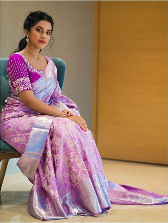designer saree Pure Kanchipuram silk saree and blouse for women wedding saree sari Indian saree purple saree saree dress saris