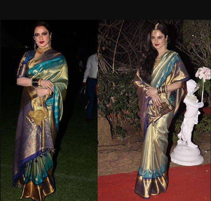Indian Actress Rekha wears a Kanjivaram silk saree