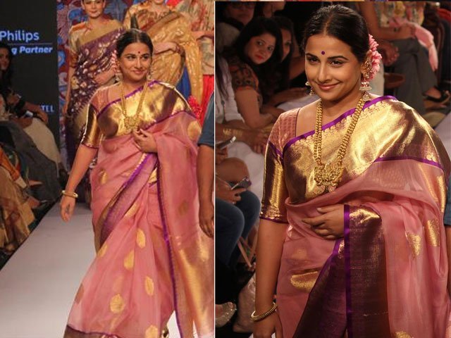 Vidya Balan wears a light pink Kanjivaram silk saree