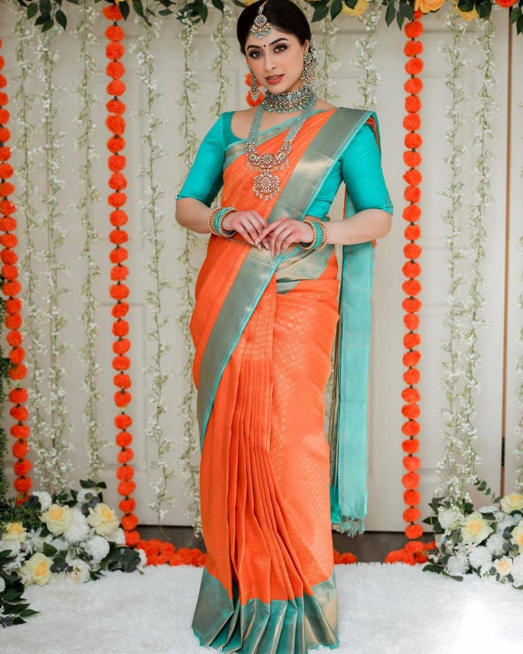Royal blue and orange Uppada sarees with butti | Blue silk saree, Blouse  designs silk, Bollywood designer sarees