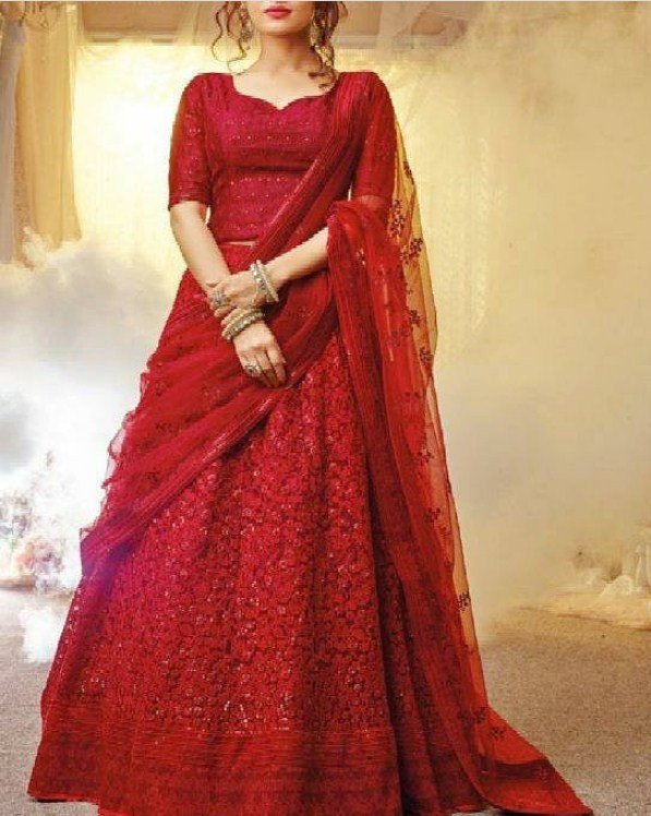 Bride in Red lehenga style saree