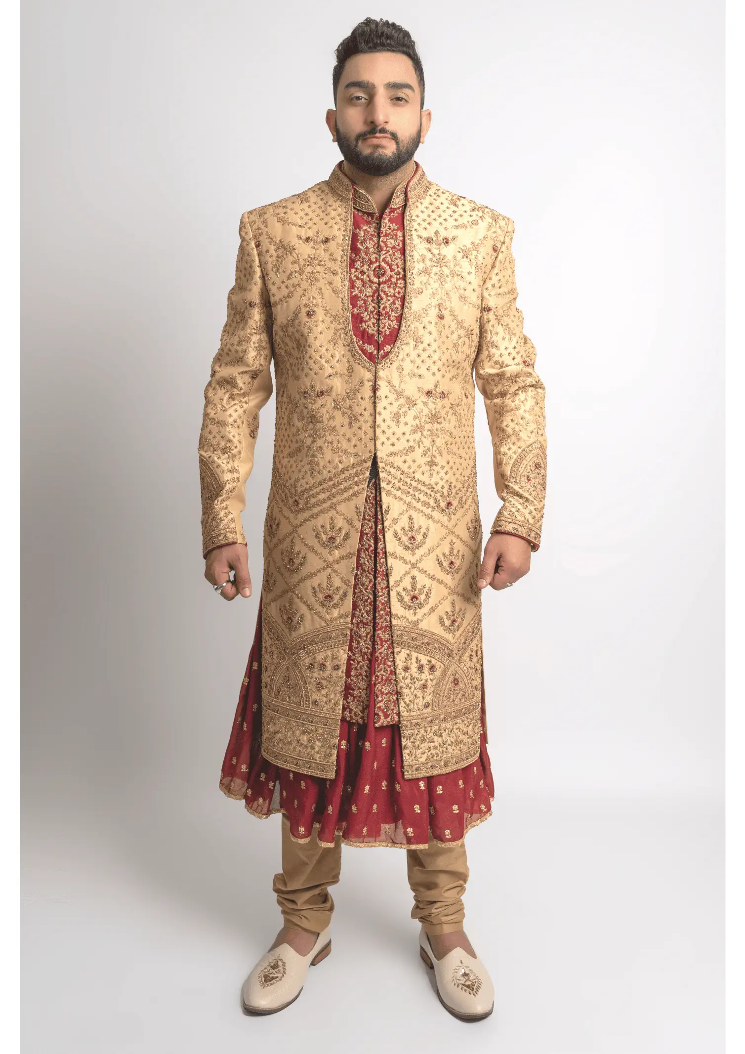 Gold and Red Anarkali Sherwani - Indian Groom Outfit