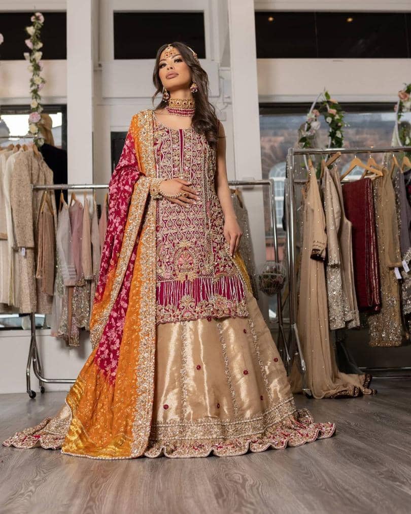 The Red & Gold Contemporary Bridal Sharara - Muslim Wedding Dress