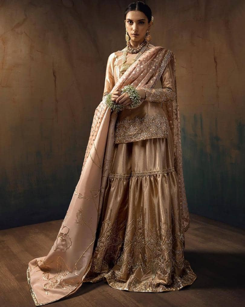 Beige Gold Vintage Gharara - Muslim Wedding Dresses
