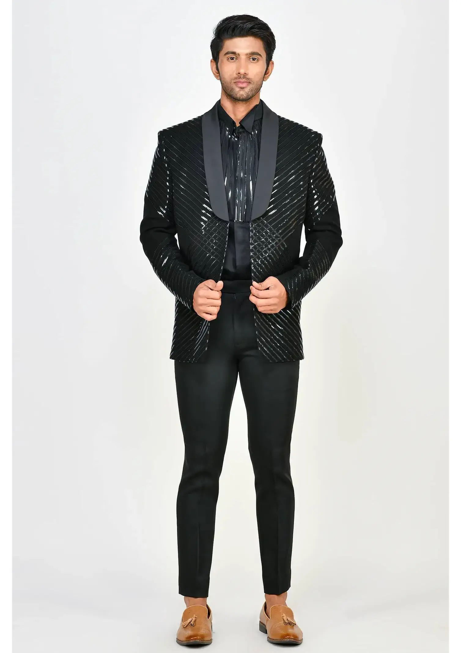 Black Stripe-Play Embroidered Jacket - reception Suits