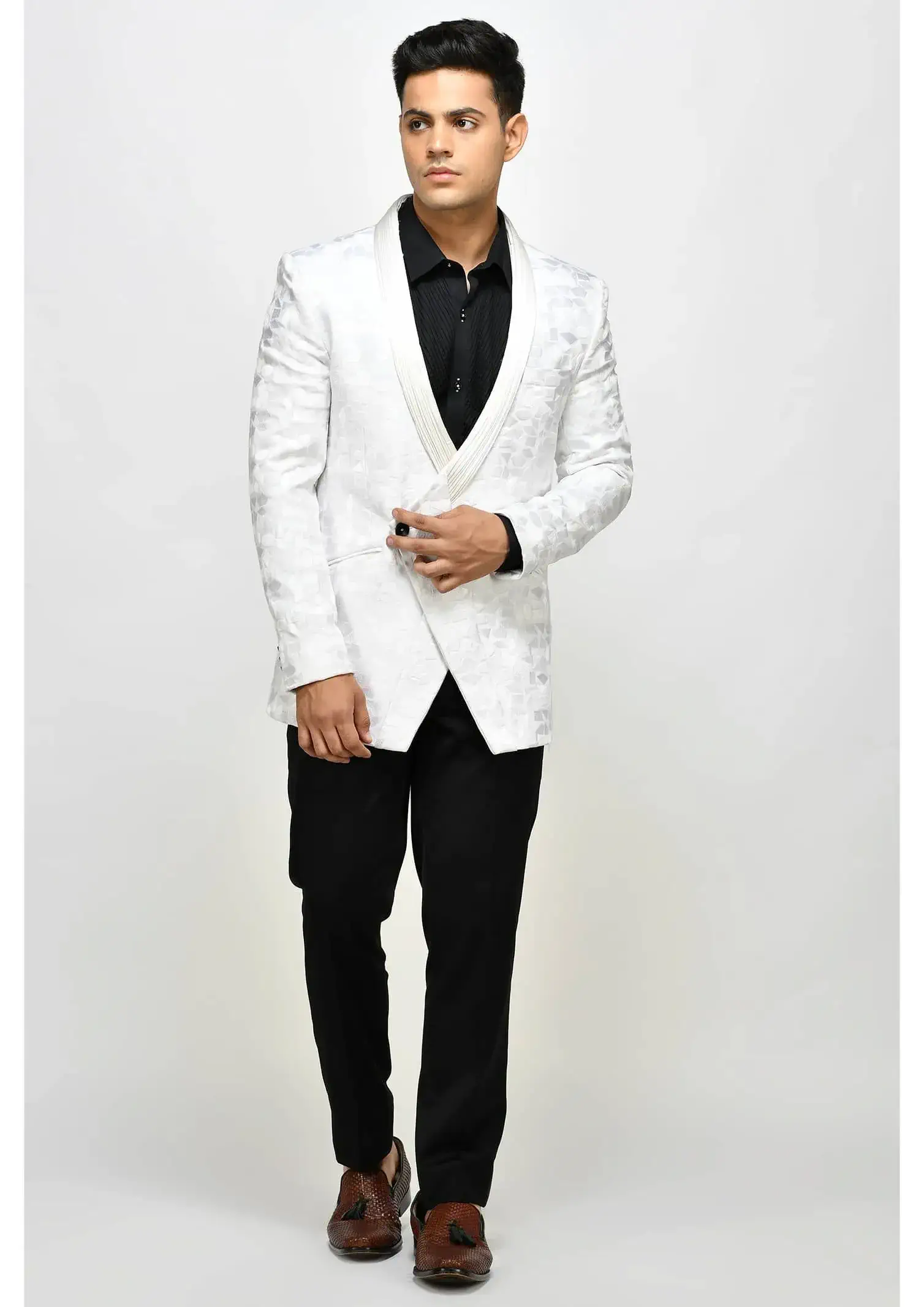 White and Black Woven Design Suit Set - Indian Groom Outfit