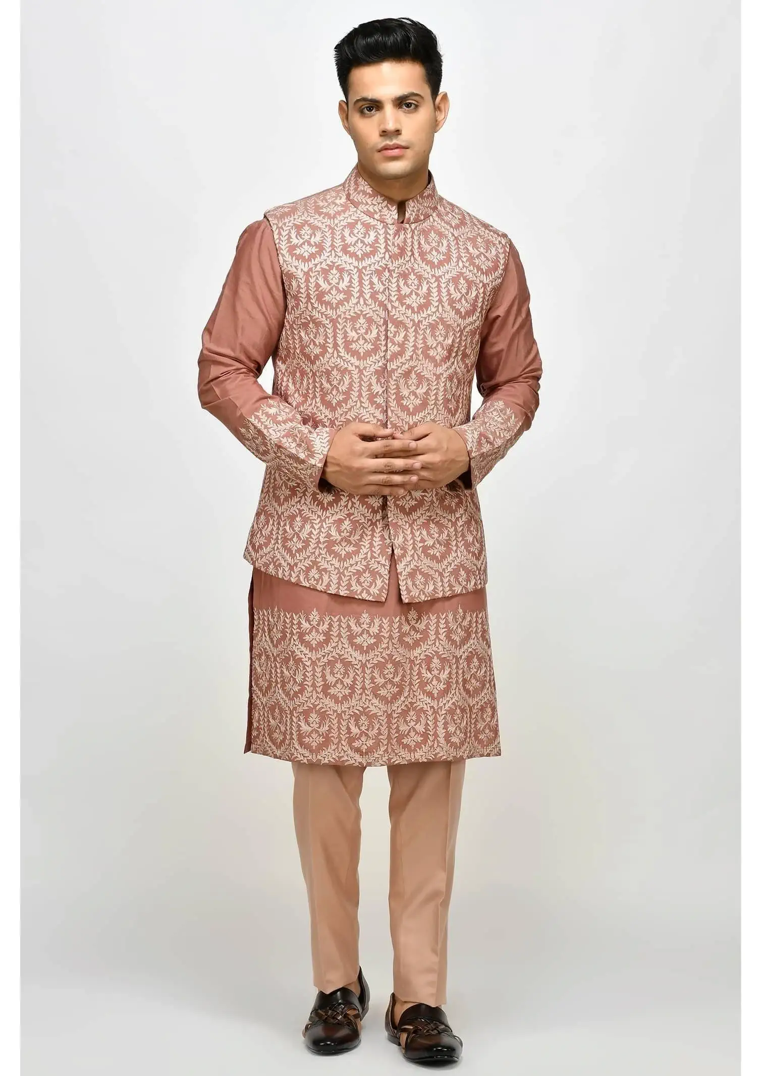 Dusty Rose Pink Embroidered Ethnic Kurta-Pajama - Groomsmen Outfit