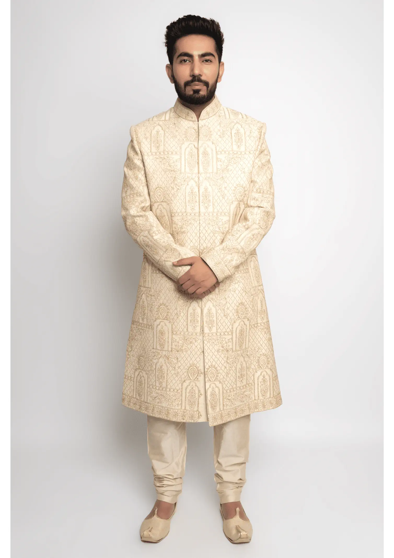 Off White Achkan style with Intricate Gold Embroidery