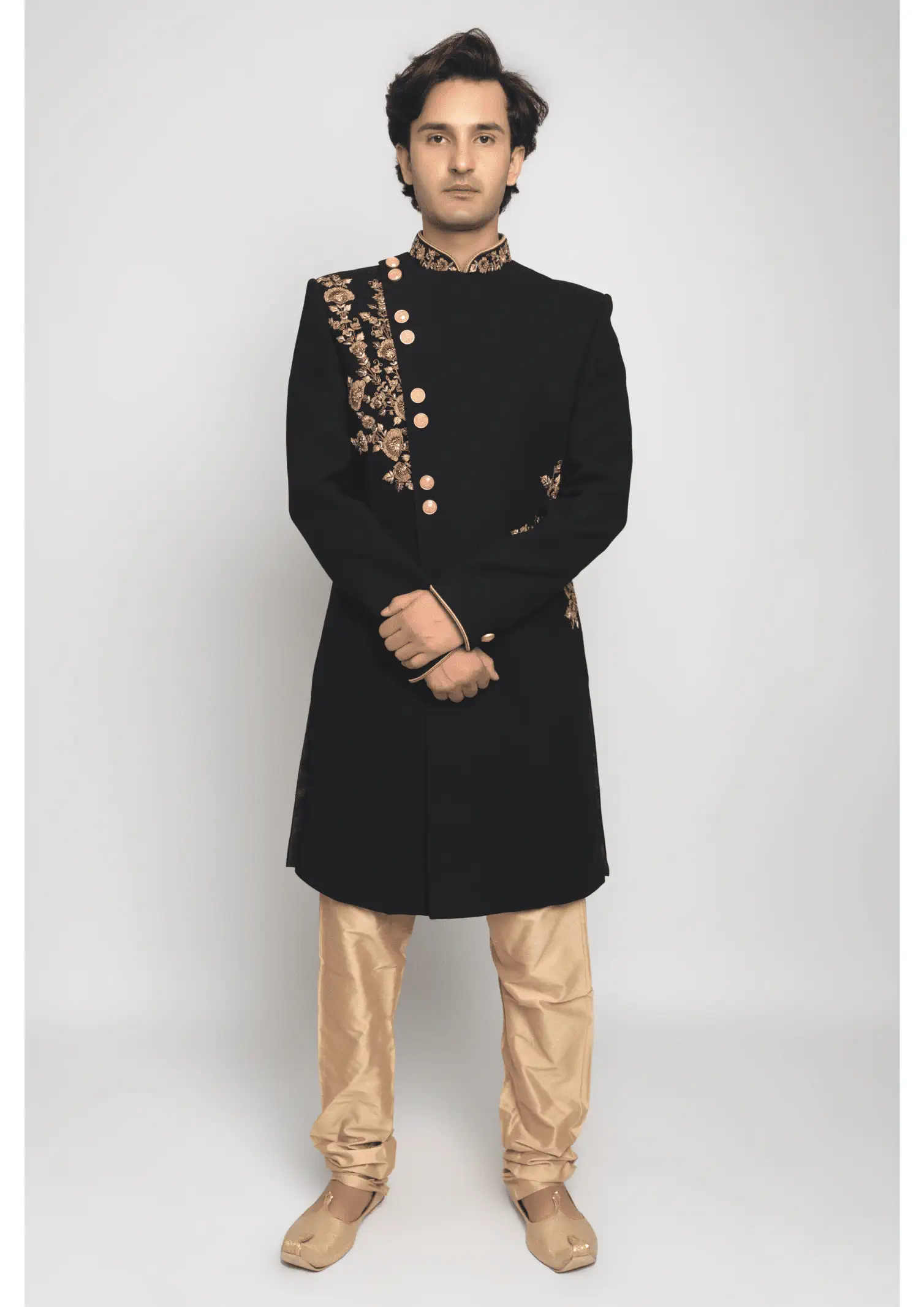 Black & Gold Achkan with intricate Hued Floral Embroidery