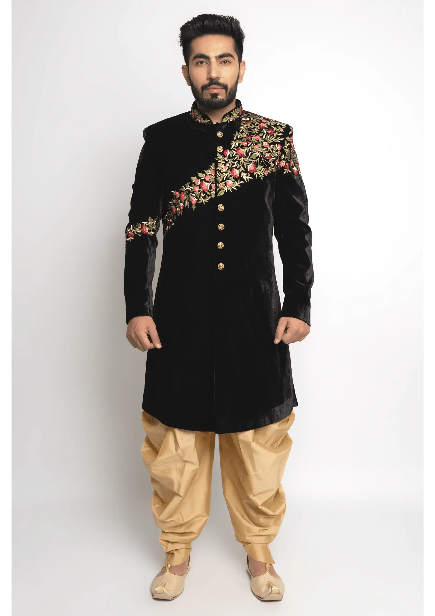 Black & Gold Achkan with intricate Multiple Hued Floral Embroidery
