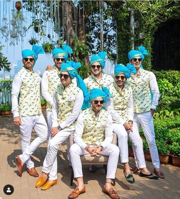 Indian Groomsmen outfit with printed jacket and matching turban