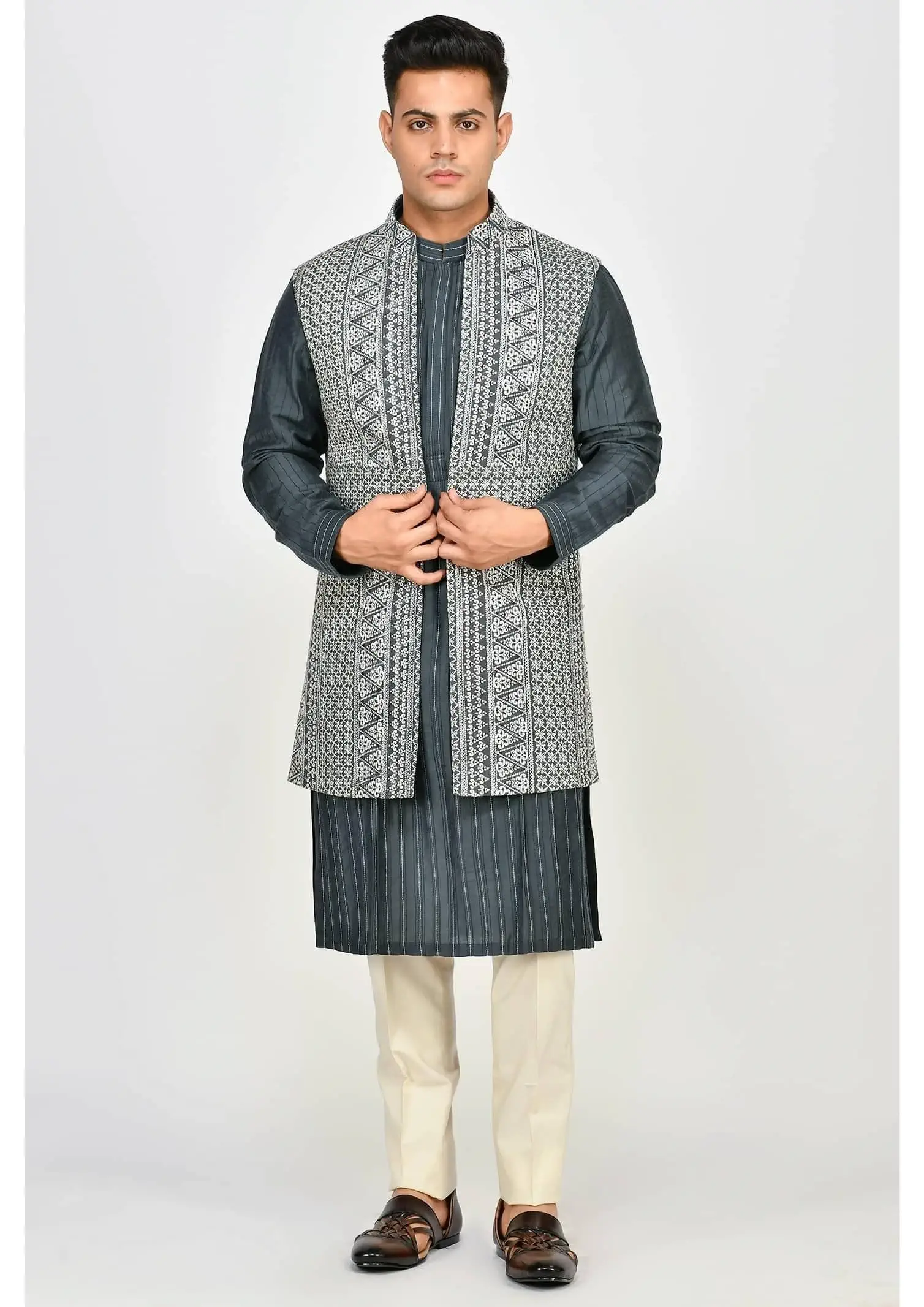Charcoal Kurta with Embroidered Bandhgala Jacket - groomsmen Kurta pajama with jacket 