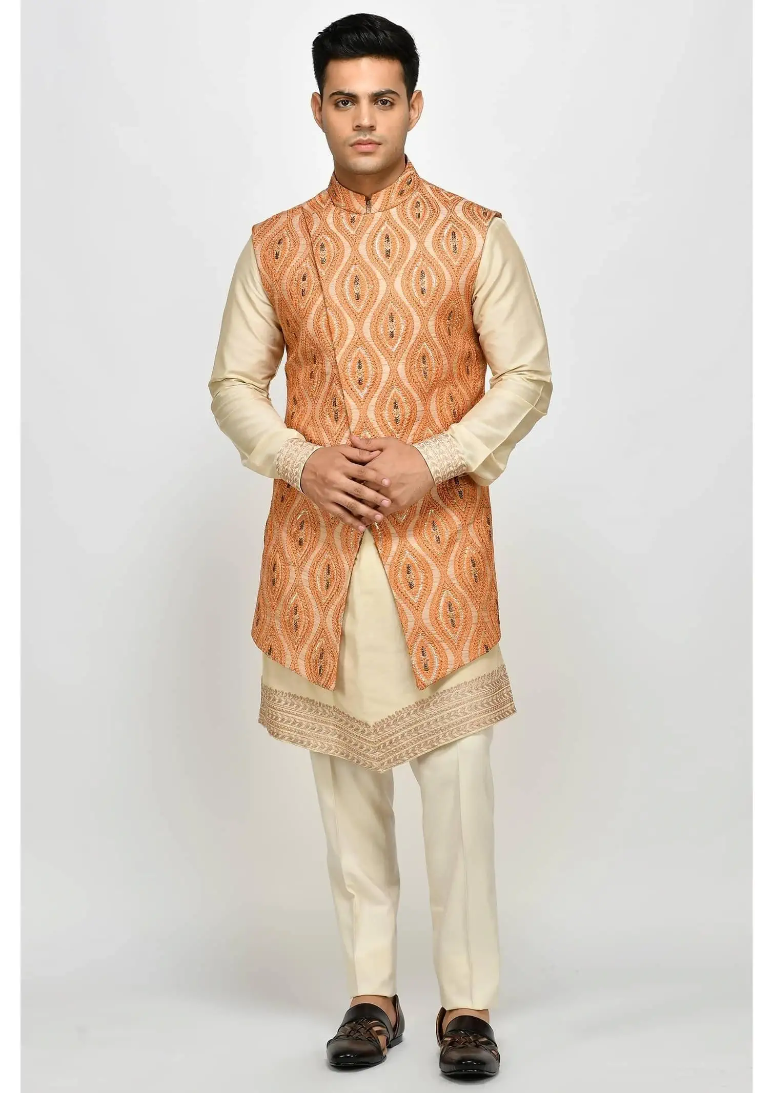 Long Embroidered Ethnic Jacket Kurta-Pajama - groomsmen outfit