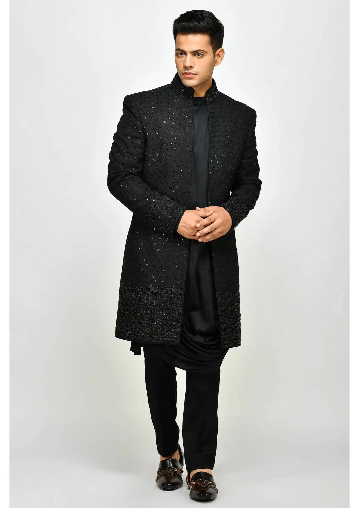 Black Embroidered Indo Western Long Jacket with Cowl-hem Kurta