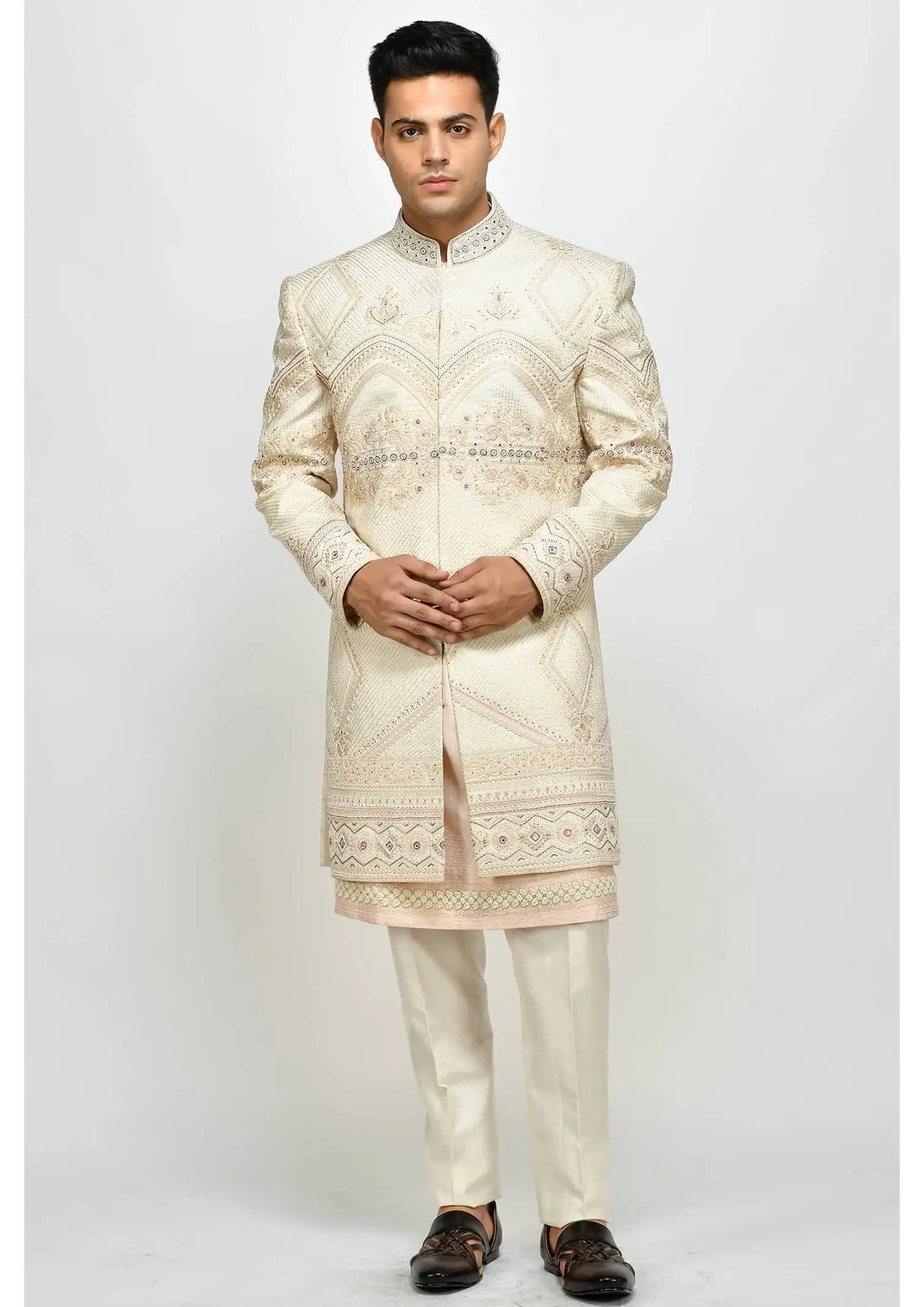 Quilted Bandgala style Achkan with Mughal patterns