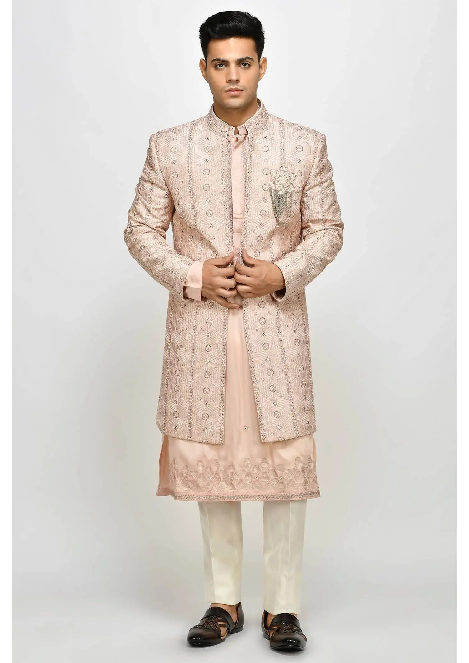 Front Open style Achkan in Blush Pink