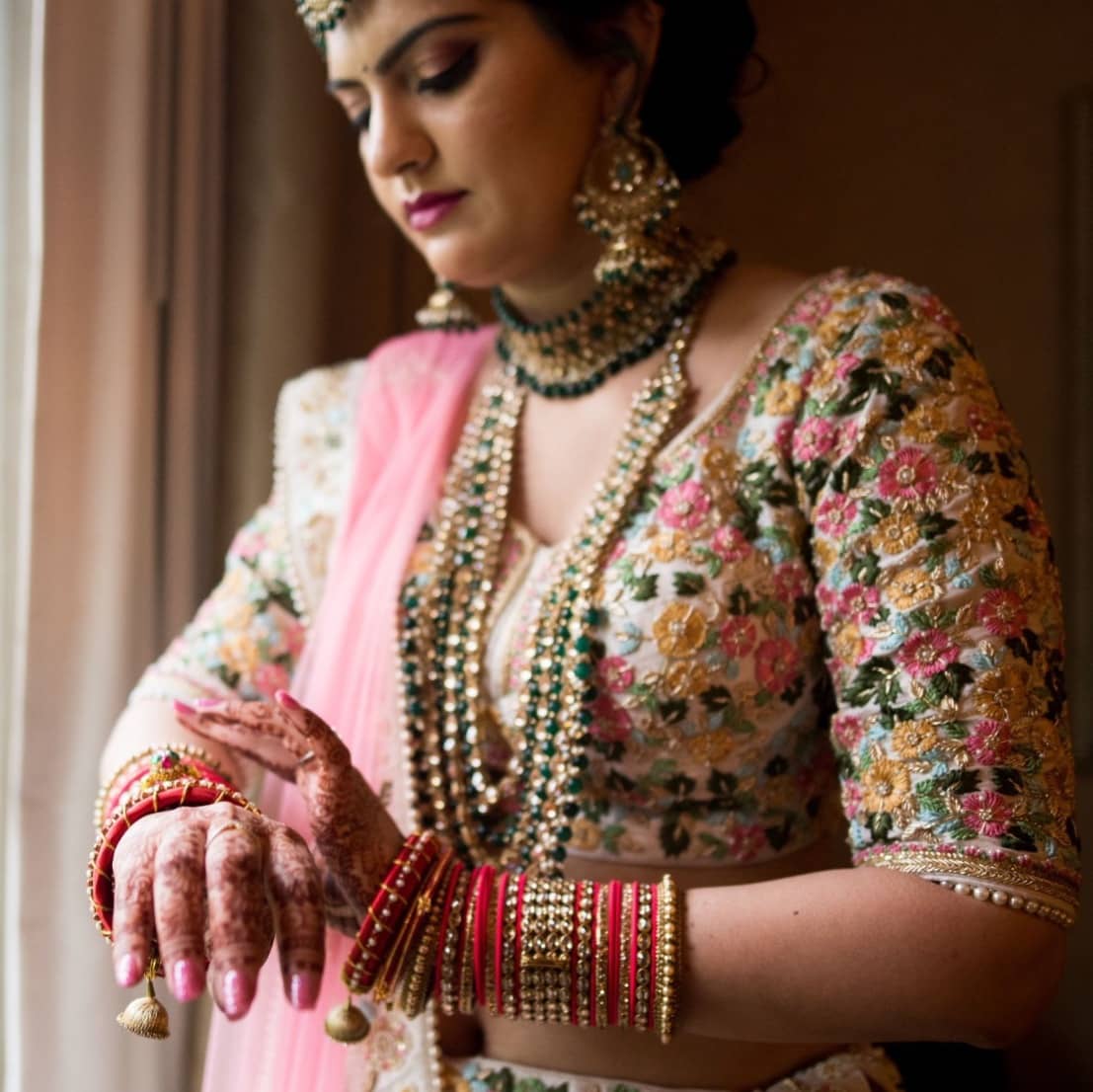 Peach and Pink Floral Embroidered lehenga Blouse
