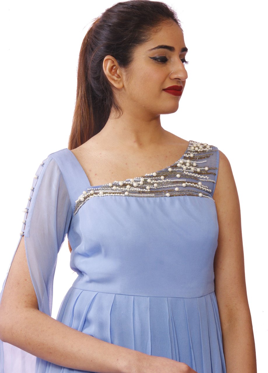 Pastel Blue Georgette Asymmetrical Outfit - GetEthnic