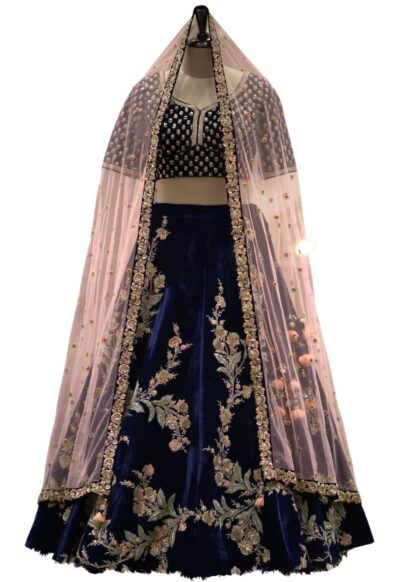 Dark Blue Velvet Resham Embroidered Bridal Lehenga
