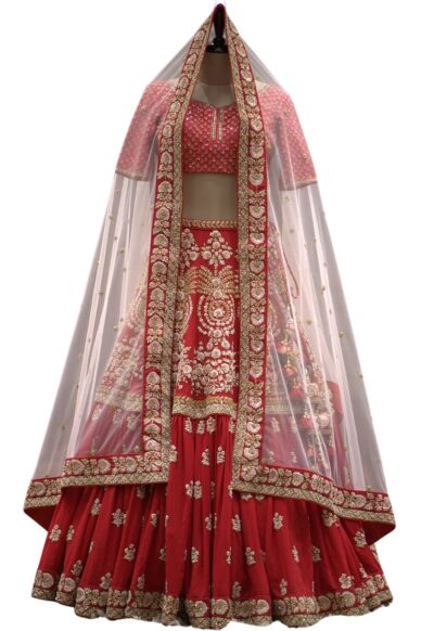 Cherry Red Sequins Embroidered Georgette Bridal Lehenga