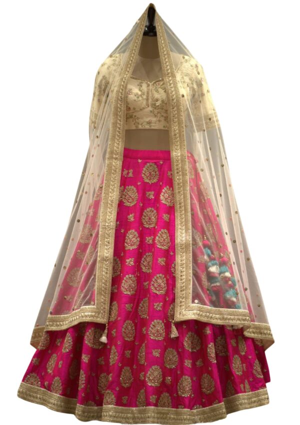 Cream & Hot Pink Sequins Embroidered Raw Silk Bridal Lehenga
