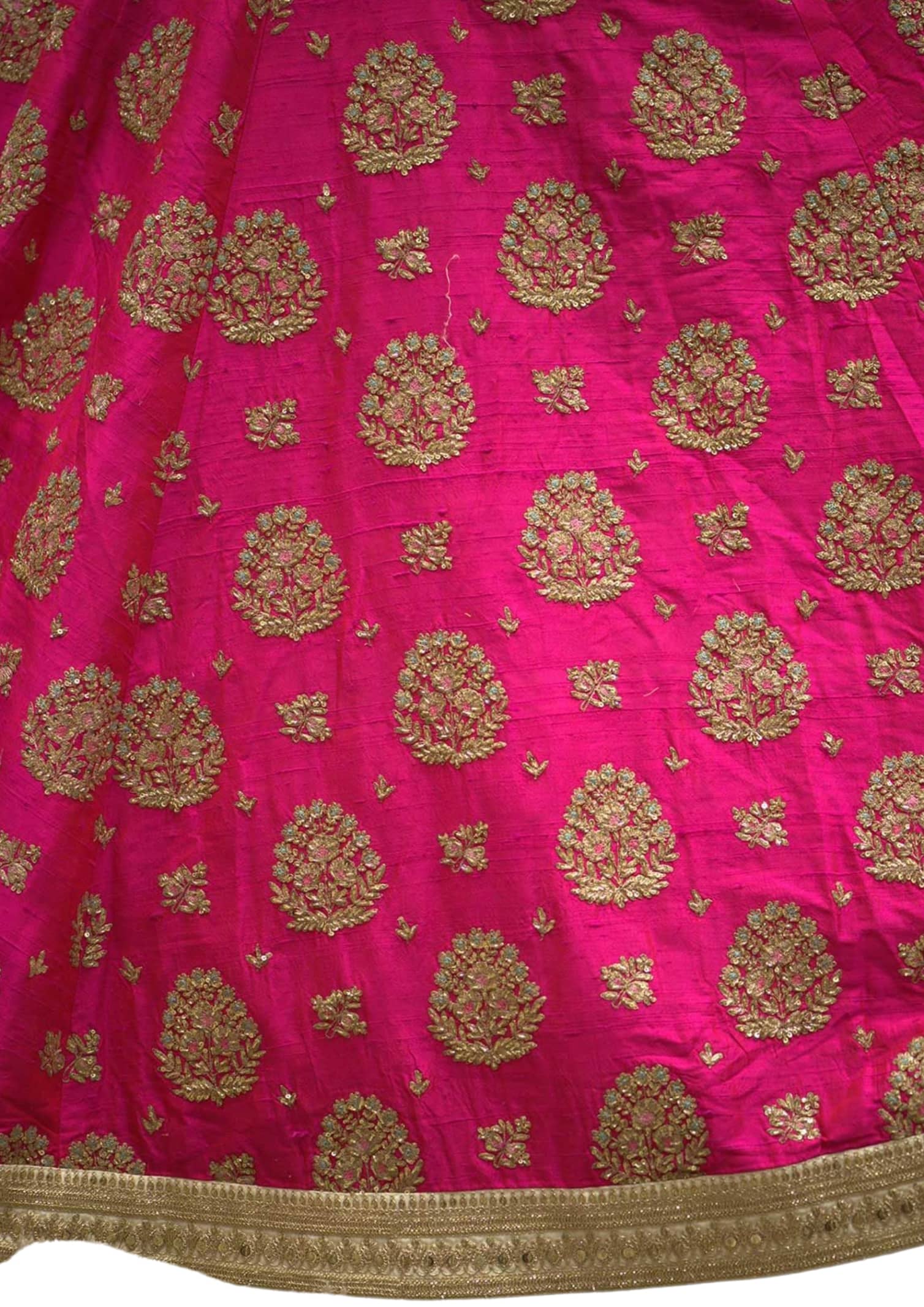 Cream & Hot Pink Sequins Embroidered Raw Silk Bridal Lehenga - GetEthnic
