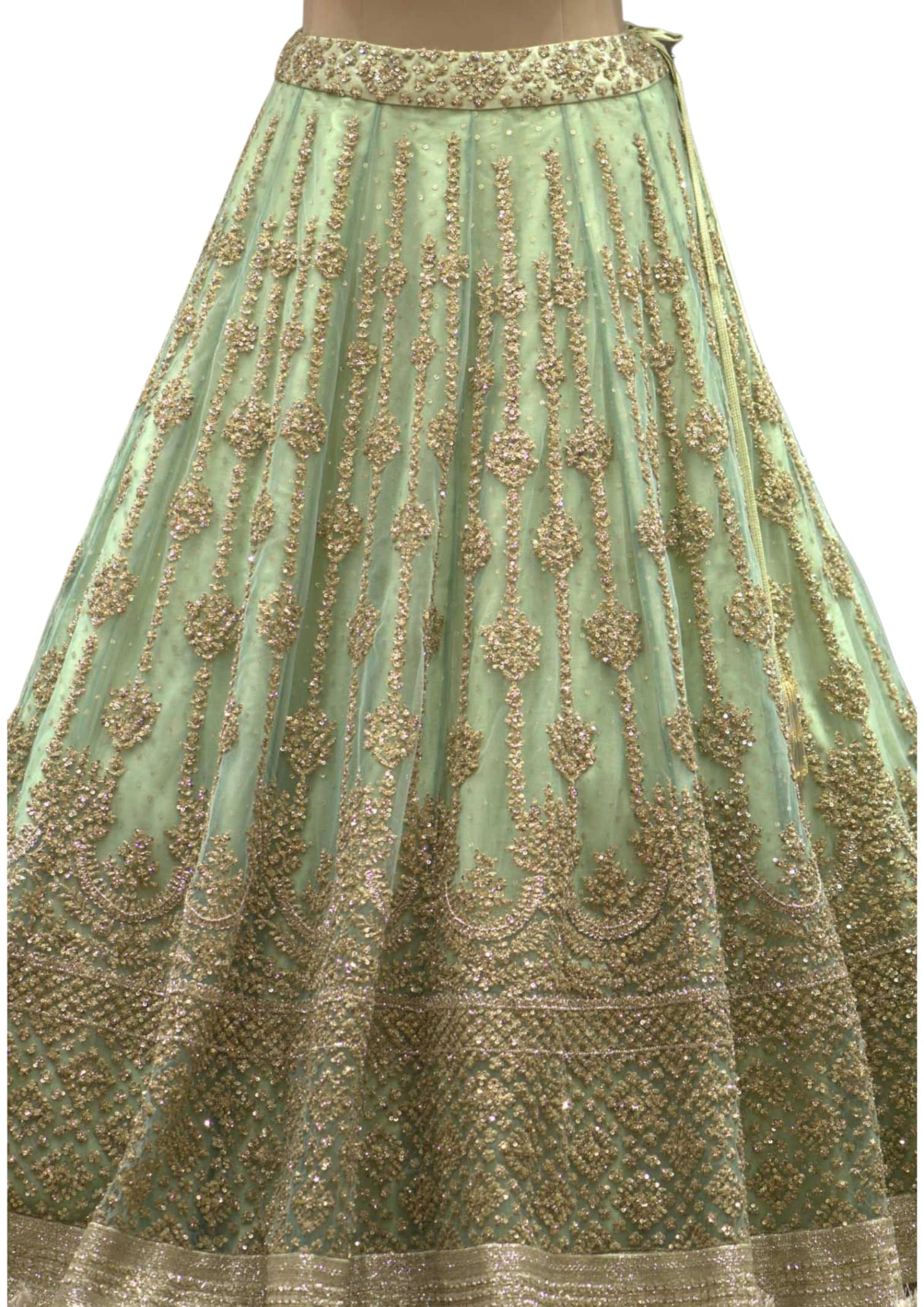 Pastel Green Net Sequins Embroidered Bridal Lehenga - GetEthnic