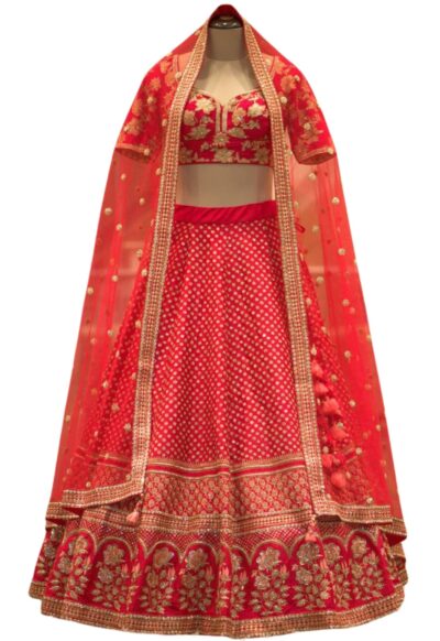 Cranberry Pink Sequins Embroidered Raw Silk Bridal Lehenga