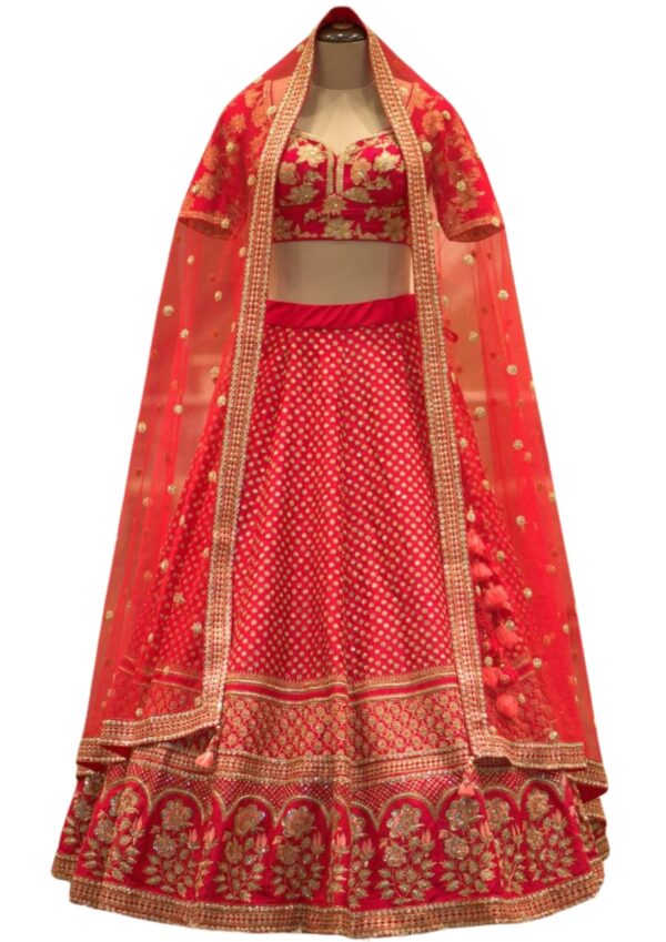 Cranberry Pink Sequins Embroidered Raw Silk Bridal Lehenga