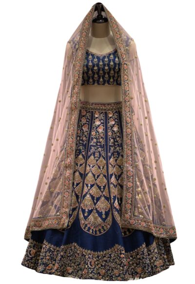 Federal Blue Raw Silk Zardosi Embroidered Bridal Lehenga