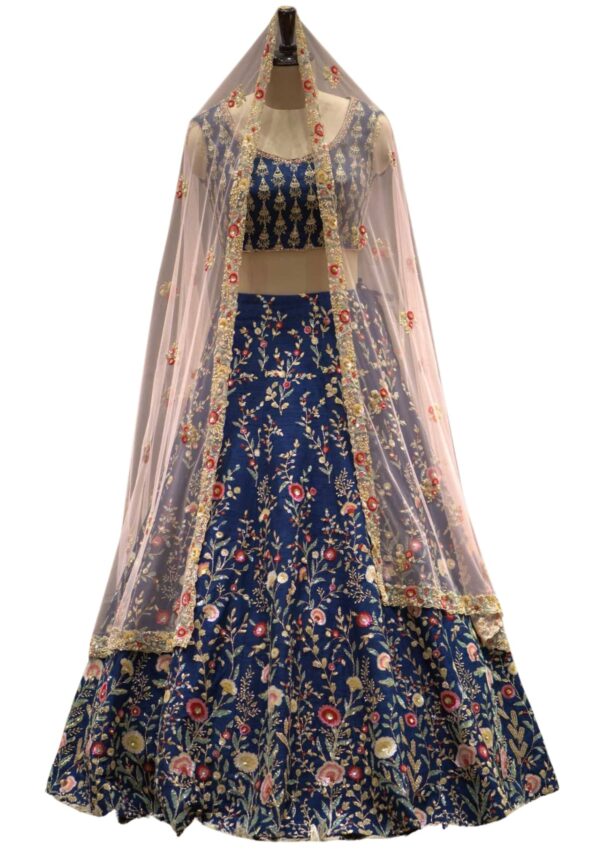 Prussian Blue Sequins Embroidered Raw Silk Bridal Lehenga