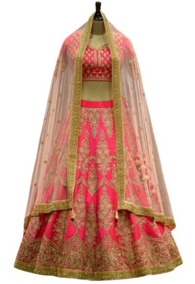 Pink Dori Embroidered Raw Silk Bridal Lehenga