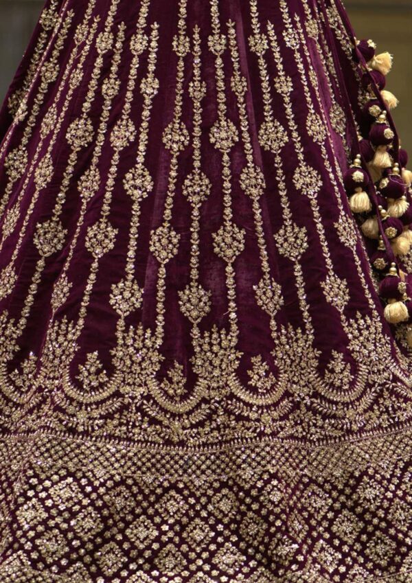 Sangria & Gold Sequins Embroidered Velvet Bridal Lehenga - GetEthnic