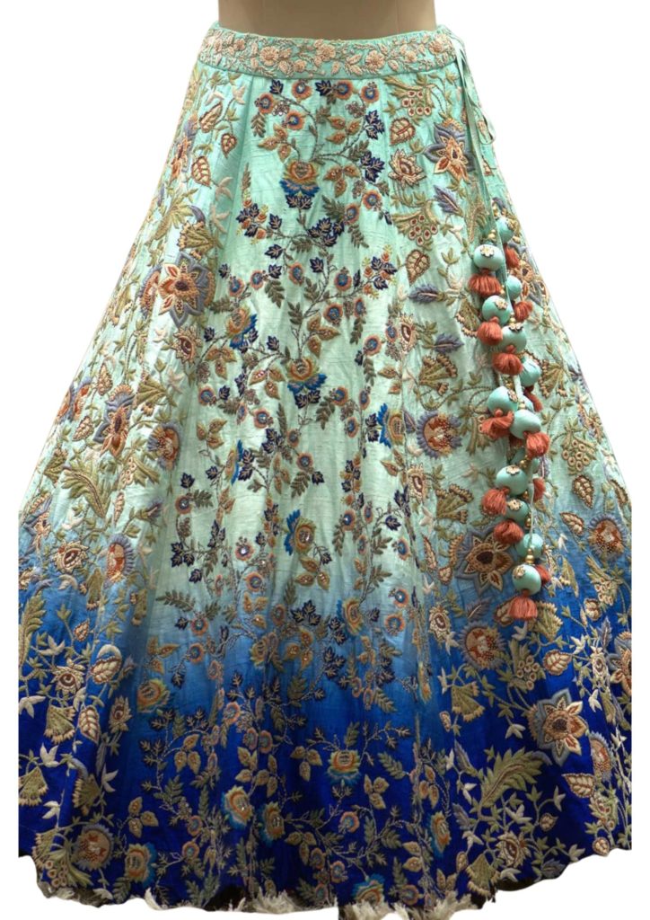 Green and Blue Thread Embroidered Raw Silk Bridal Lehenga - GetEthnic