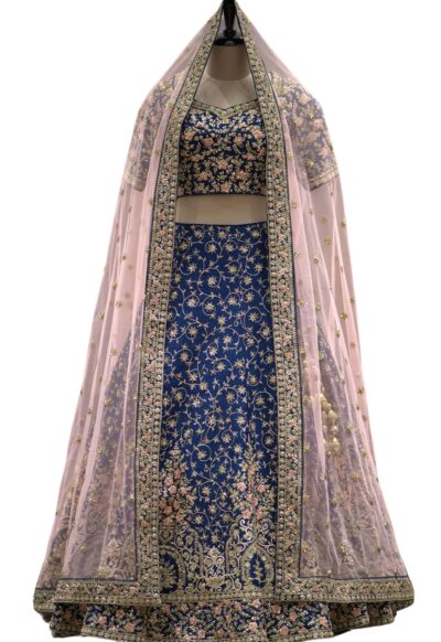 Midnight Blue Raw Silk Zari Embroidered Bridal Lehenga