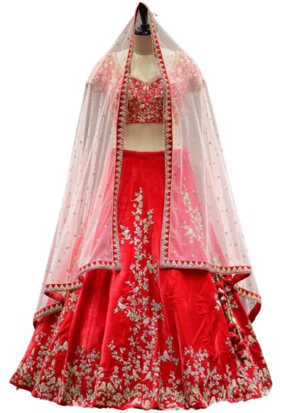 Bright Red Zardosi Embroidered Velvet Bridal Lehenga