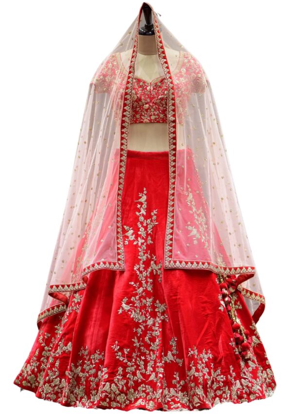 Bright Red Zardosi Embroidered Velvet Bridal Lehenga
