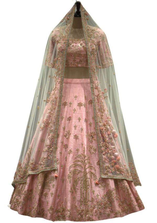 Rose Quartz Raw Silk Sequins Embroidered Bridal Lehenga