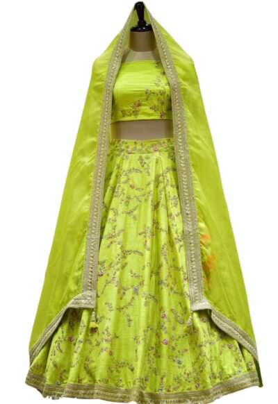 Fluorescent Green Dori Embroidered Raw Silk Bridal Lehenga