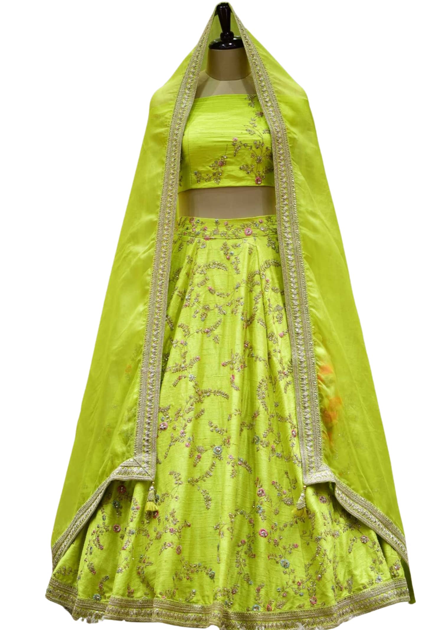 Neon Green Flared lehenga set | Mirror work blouse, Lehenga, Flared