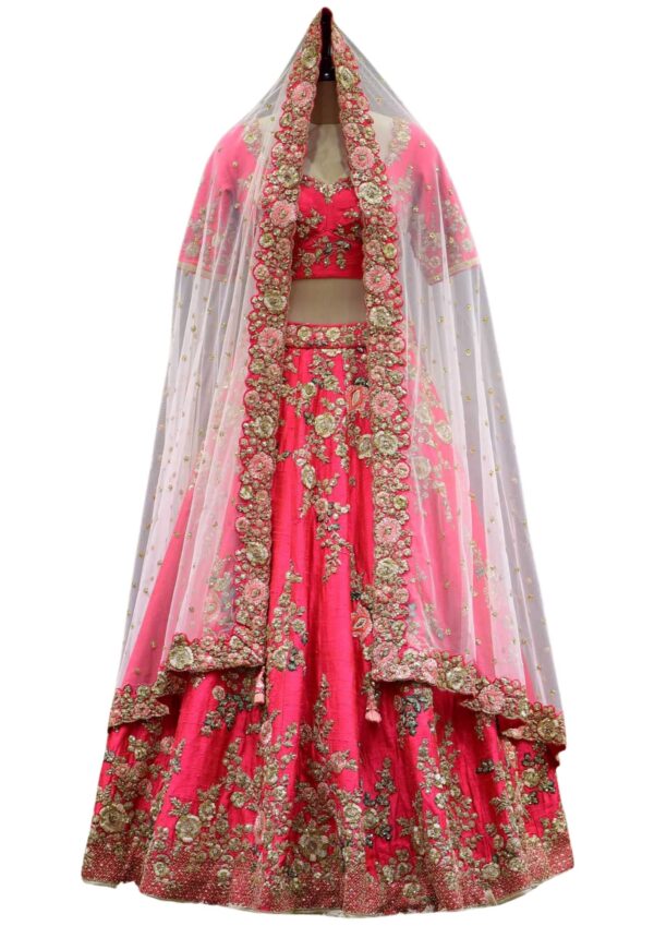 Crimson Pink Zardosi and hand Embroidered Raw Silk Bridal Lehenga