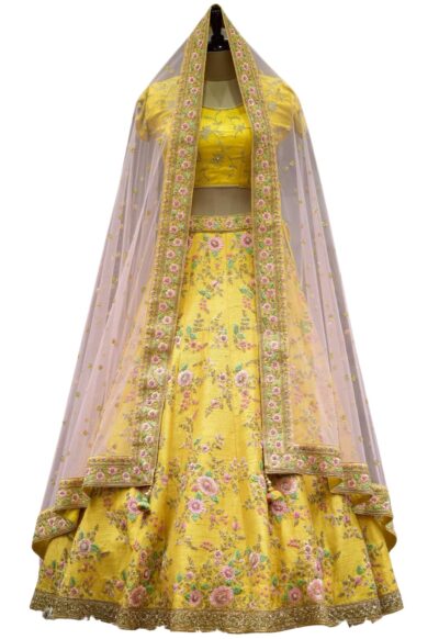 Amber Yellow Resham Embroidered Raw Silk Bridal Lehenga