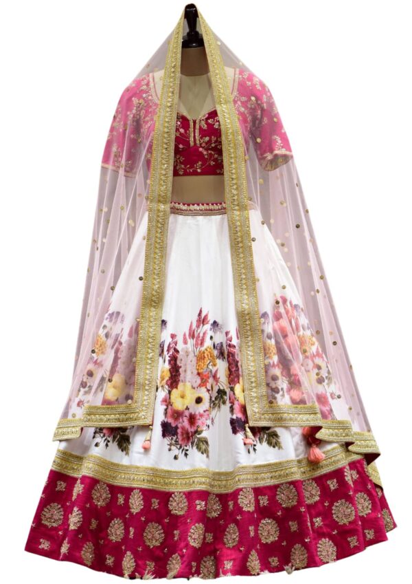 Pink & White Sequins Embroidered Raw Silk Bridal Lehenga