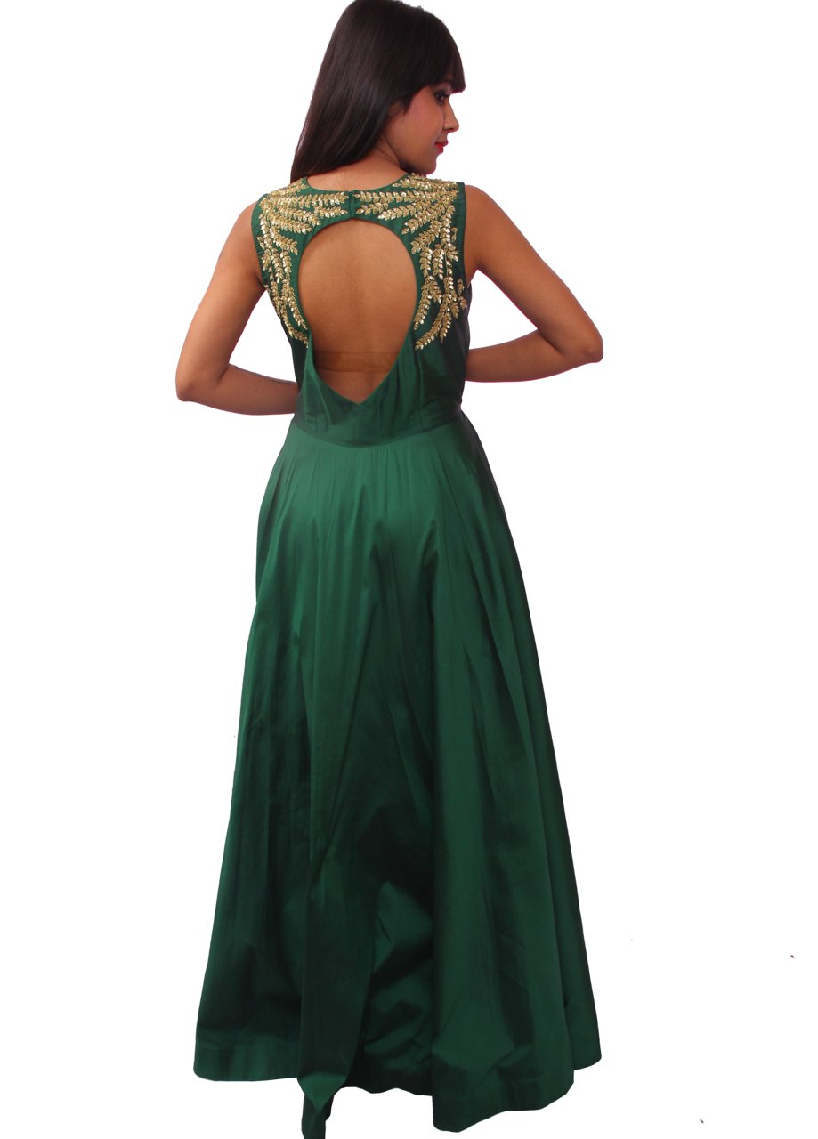 Buy Bottle Green Gown In Crepe With Side Cut Outs In The Hand Embroidered  Bodice KALKI Fashion India