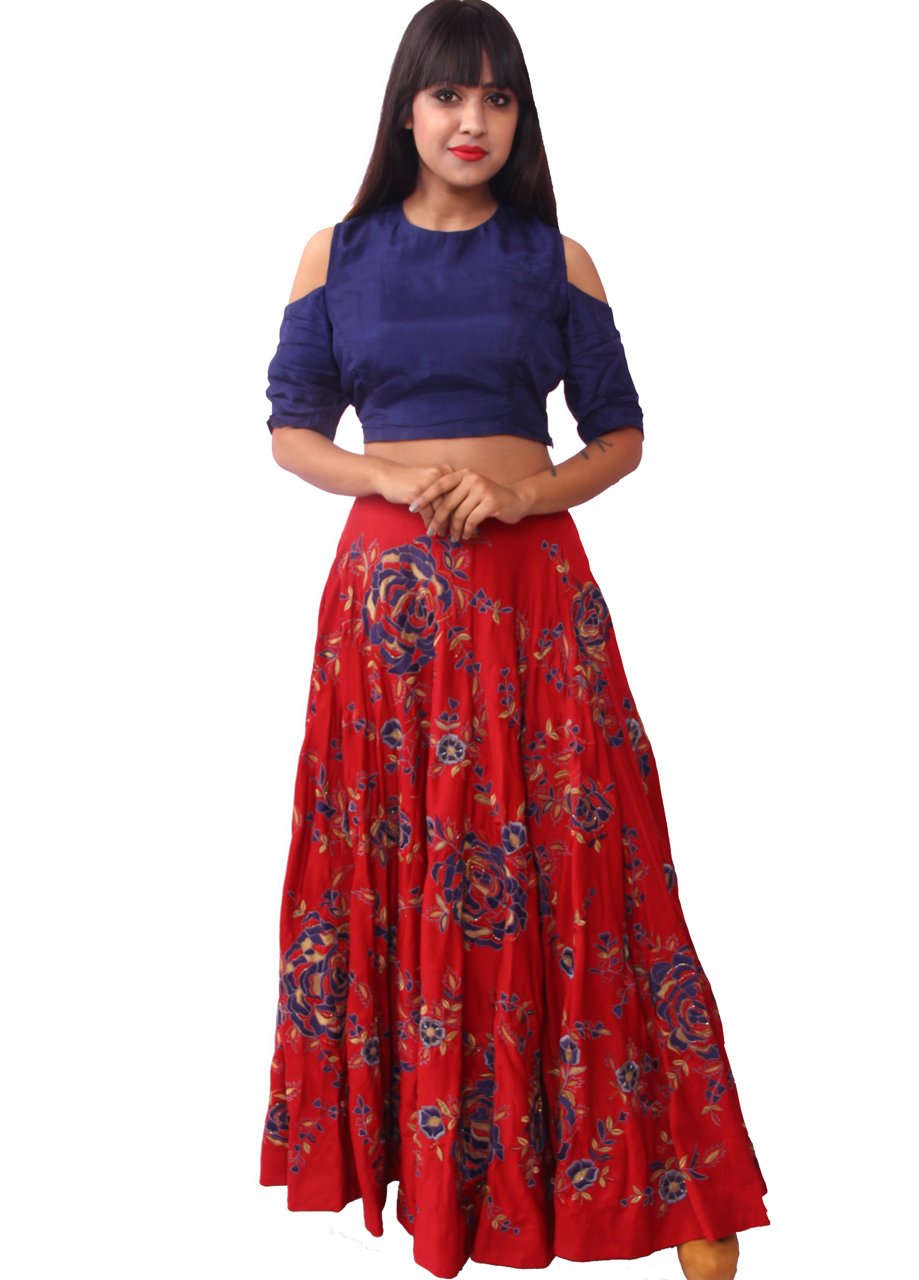 Blue And Reddish Maroon Modal Satin Crop Top And Skirt - GetEthnic