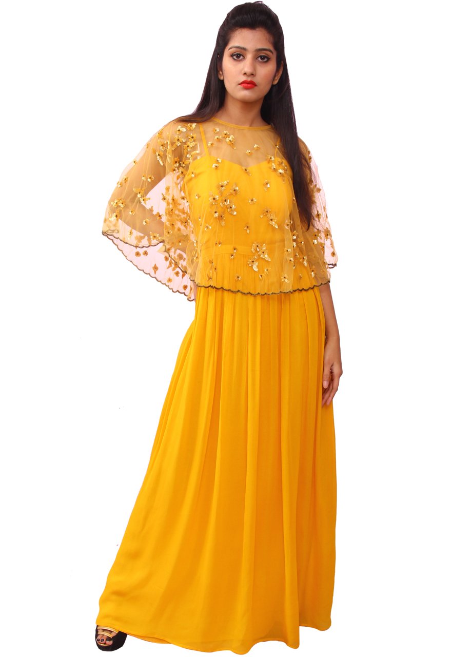 Yellow Pure Georgette Cape Gown - GetEthnic